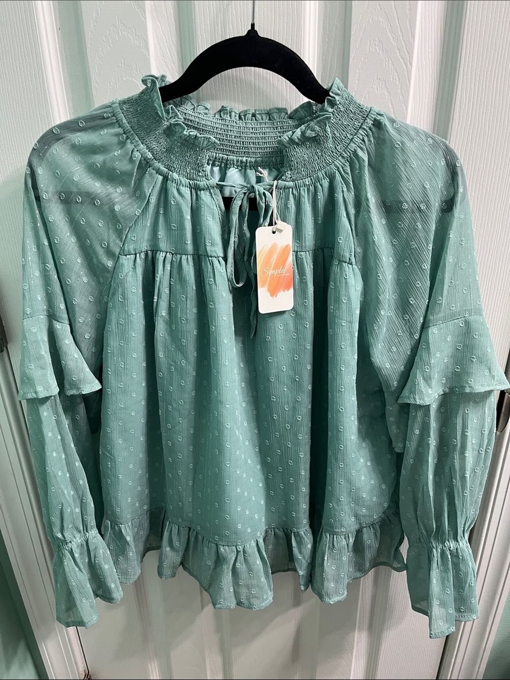 Simplee Apparel Aqua Colored Smocked Ruffle Peasant Blouse